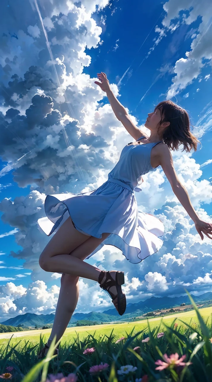 Immerse yourself in a stunning anime-inspired landscape, where a woman with her arms spread wide is falling through a dreamy blue sky. The scene is surrounded only by expansive, fantastical clouds, with the sun shining brightly to create a truly unique and visually captivating experience.