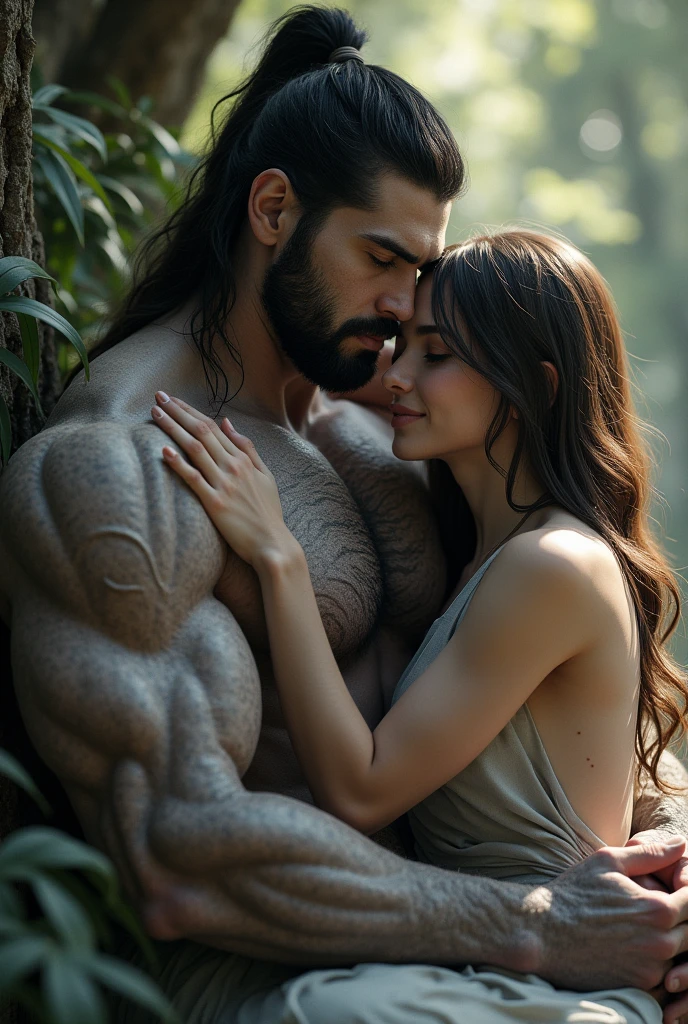 A couple standing in the forest, Man- Henry Cavill, handsome, tall, long hair, long straight nose, robust, shirtless, wearing a white dhoti, ((bow in hand:1.2)), woman- Barbara Mori, young, beautiful, large breasts, wearing a white strapless bra and a sarong, upper body, closeup