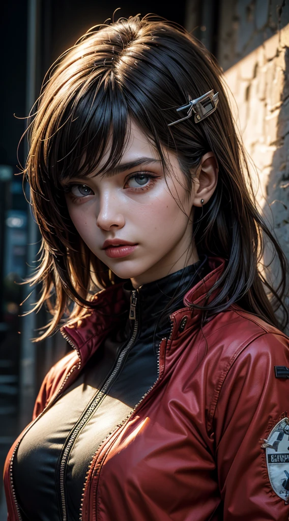 (8k, best quality, masterpiece:1.2), ultra-detailed, Masterpiece, realistic lighting,masterpiece, best quality, masterpiece, official art,extremely detailed CG unity 8k wallpaper,beautiful detailed eyes, light on face, 1girl, Asuka,Upper body, breasts, pilot_suit, plugsuit, red_jacket, windbreaker, gloves, bandage, hair_ornament, bracer,  