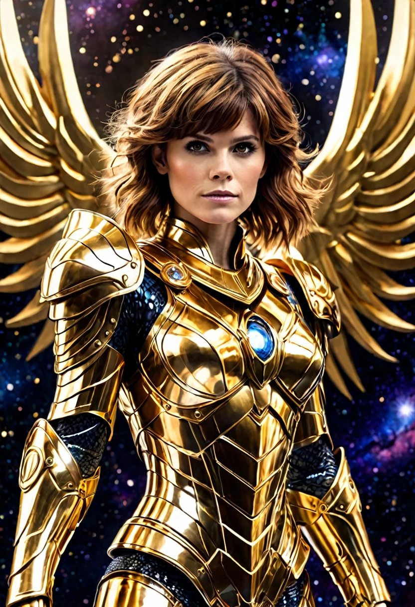 Saint Seiya (portrayed by Kate Mara),Gold Armor,movie light,ralistic,highly detailed,bright, universe, nebula, detailed, hyper realistic, clean background trending, bright background, high on details,8k --niji 5 --style expressive --s 400