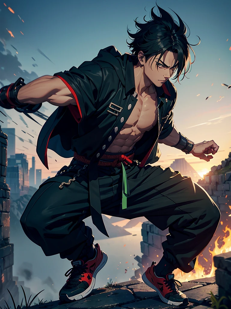 Spawn a samurai with 4 arms and brick-colored skin, with green hair and black hair. Let him be in an imposing pose and dress in baggy pants and corresponding sneakers. In addition, it must be relatively strong and located on a very high background, such as on the top of a mountain. Only 1 man. The vestiment need to be formal, like brown, night blue or black colours