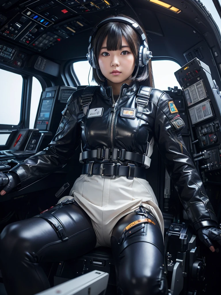 masterpiece, Highest quality, Very detailed, Japanese Android girl,Plump,Slightly thicker,Control panel,Android,cyborg,Blunt bangs,sitting in the cockpit of a fighter jet,Combat Uniform,Harness Belt,headset