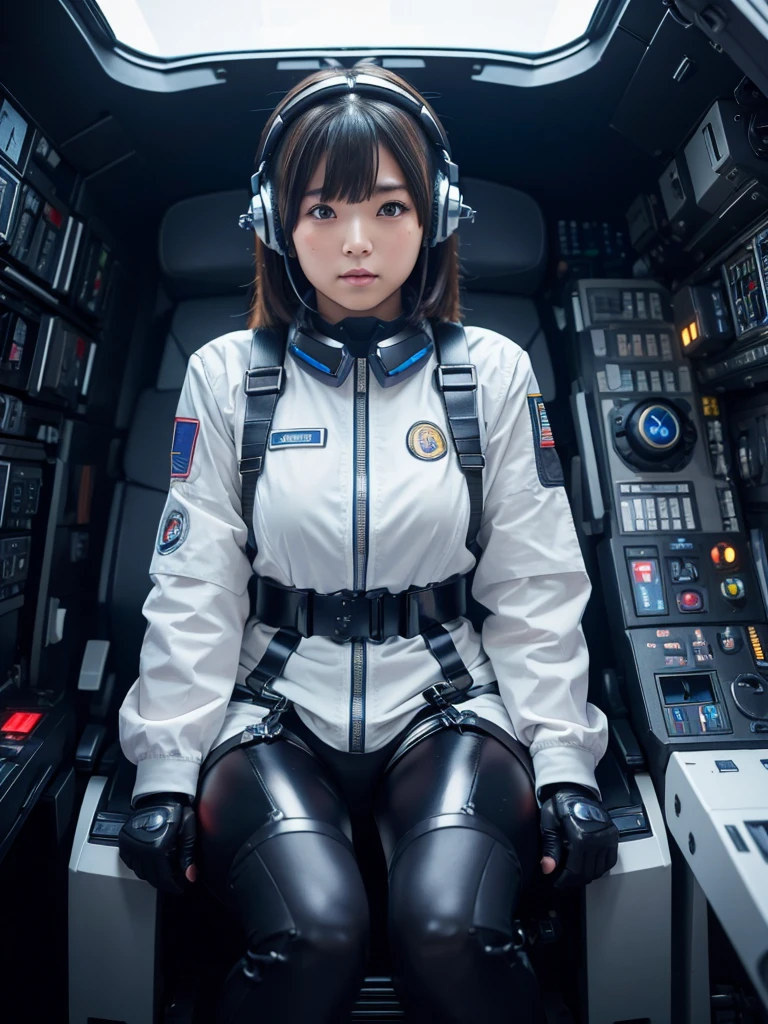 masterpiece, Highest quality, Very detailed, Japanese Android girl,Plump,Slightly thicker,Control panel,Android,cyborg,Blunt bangs,sitting in the cockpit of a fighter jet,Combat Uniform,Harness Belt,headset
