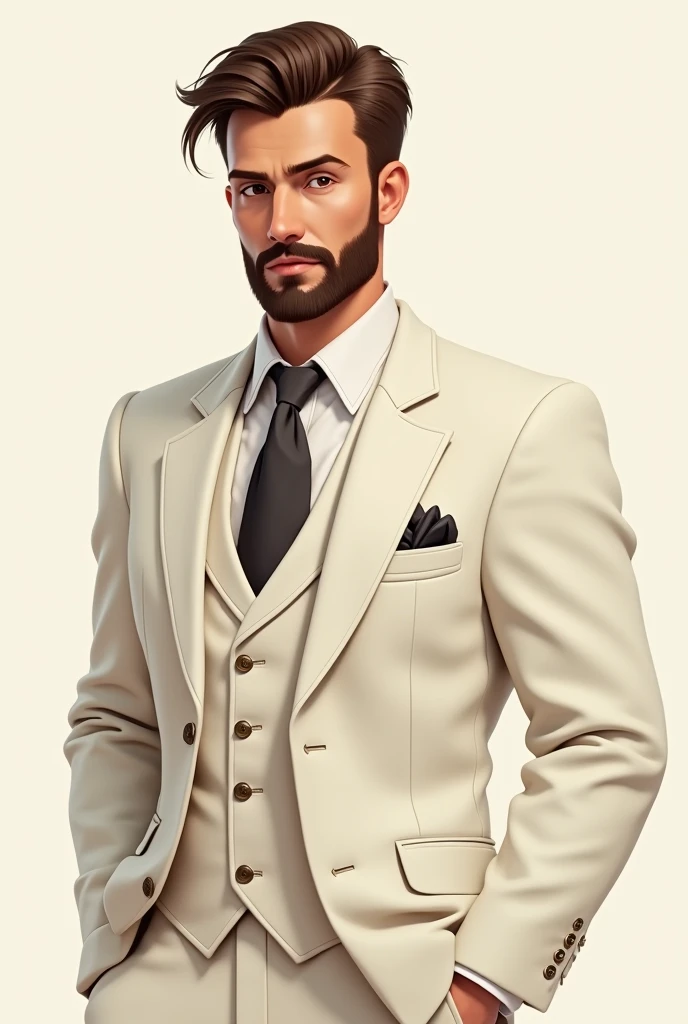 a male character, offwhite, short brown hair with a traditional cut, Brown suit, dark brown eyes, beard like glasses, broadshouldered, not very muscular, chic, at the height of 24 years, American