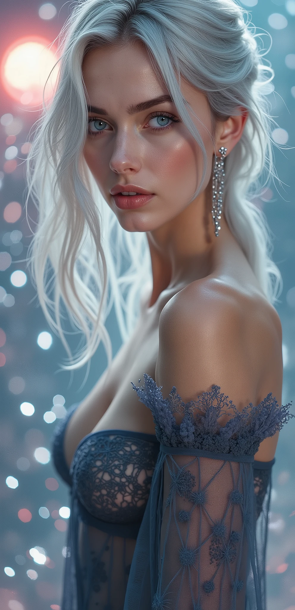 1girl, beautiful face, ((white eyes)), sexy pose, Red moon in the background, stars, space, (lightroom:1.13), soft light, (natural skin texture:1.2), (hyperrealism:1.2), sharp focus, focused,[[realistic]]