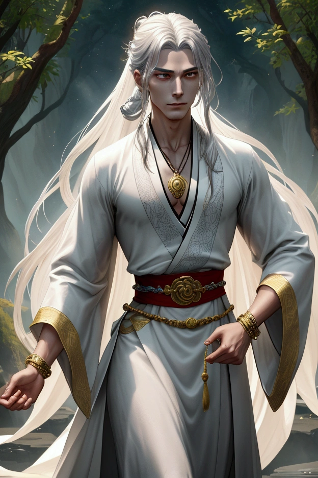 And he is tall and slender, measuring approximately 1.90 meters (6'3"). Your body is in perfect physical condition, but it is not bulky like that of a traditional warrior. Instead of brute force, His body seems to have been carved for agility and absolute control.. His skin is a pale tone, almost as if illuminated by an internal light, with a faint glow that gives the feeling that something beyond the human resides within it. Her hair is long, silver and straight, falling in a waterfall up to the middle of his back. It moves almost as if it had a life of its own., gently floating around his head as he channels his spiritual power. She often wears it in a low ponytail when she works out or meditates., but lets it loose when he prepares for combat, which adds a more ethereal and majestic air to its presence.. And she wears long, flowing clothes that allow her to move with grace and agility.. She wears a white kimono with gold and red embroidery in patterns reminiscent of coiled dragons.. His belt is golden in color and is woven with silk thread., a symbol of his position as master of the Rising Dragon. He often wears a long, light coat., also decorated with dragon and cloud motifs, representing its ability to transcend the earthly. around your neck, And he wears a jade pendant in the shape of a dragon., an artifact said to contain part of the dragon spirit that protects its clan. besides, On her wrists she wears silver and gold bracelets, that have ancient engravings with inscriptions that only the masters of the Ascending Dragon can understand. These bracelets are also conduits for channeling your spiritual energy..