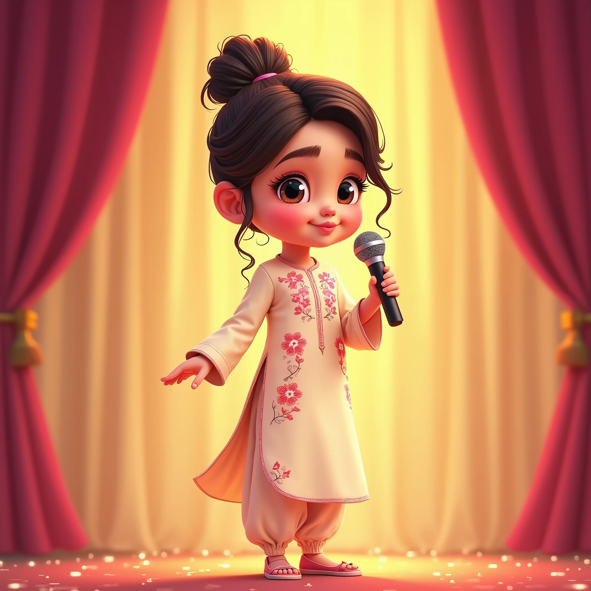 Lily, (highest quality, 4k, masterpiece:1.3), A young i Muslim girl wearing a traditional cream shalwar kameez with pink floral embroidery. Her hair is styled in a neat bun with loose strands framing her face, as seen in previous images. She holds the microphone in one hand, blowing a kiss with the other, eyes sparkling playfully. The image is in a 2D animation style, with bright colors, cartoonish features, and soft, smooth shading. The background shows soft curtains, warm stage lighting, and a playful, joyful atmosphere. Clear outlines, simple textures, and an illustrated, digital painting look. (Cream shalwar kameez, pink floral embroidery, consistent outfit:1.3), (same hairstyle as before:1.3), (microphone in hand:1.3), (microphone always visible:1.3)