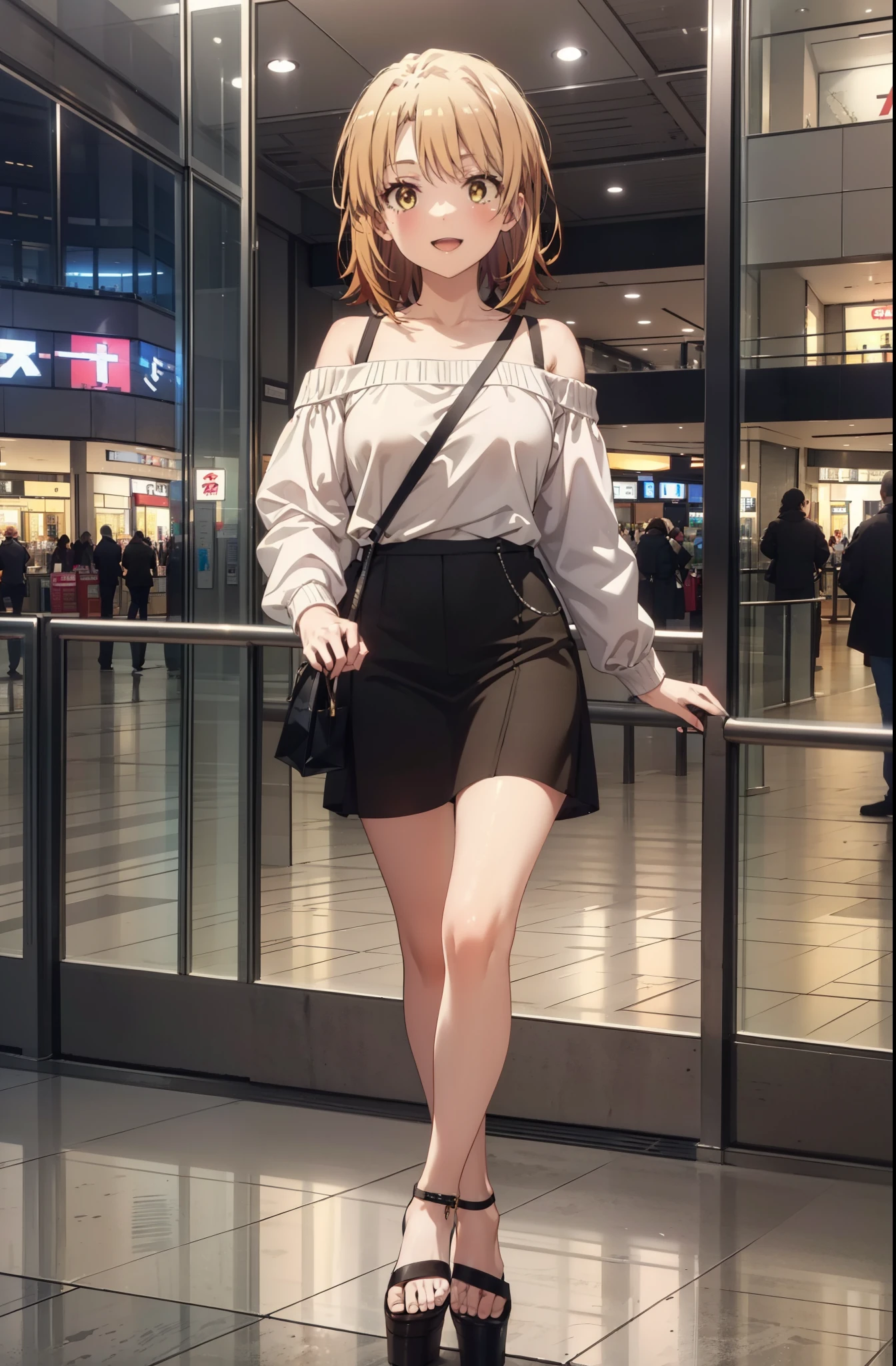 Irohaisshiki, isshiki iroha, short hair, Brown Hair, (Brown eyes:1.5), smile,Open your mouth,smile,Off-the-shoulder yellow dress,mini skirt,Cute heeled sandals,Walking,whole bodyがイラストに入るように,
break indoors,Shopping mall, 
break looking at viewer,whole body,
break (masterpiece:1.2), Highest quality, High resolution, unity 8k wallpaper, (figure:0.8), (Beautiful attention to detail:1.6), Highly detailed face, Perfect lighting, Highly detailed CG, (Perfect hands, Perfect Anatomy),