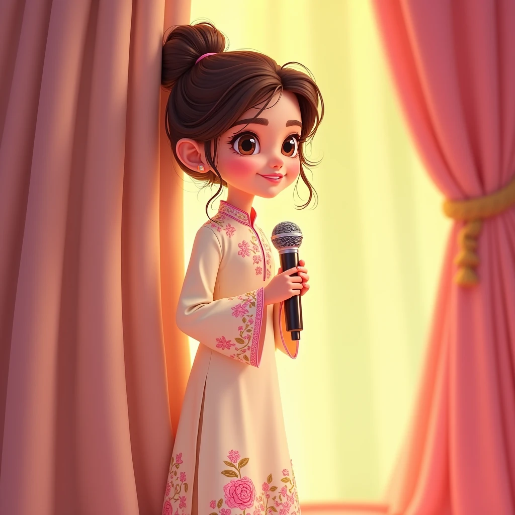 Lily, (highest quality, 4k, masterpiece:1.3), A young Pakistani Muslim girl wearing a traditional cream shalwar kameez with pink floral embroidery. Her hair is styled in a neat bun with loose strands framing her face, as seen in previous images. She leans casually against a soft curtain, holding the microphone at her side, looking relaxed and content. The image is in a 2D animation style, with bright colors, cartoonish features, and soft, smooth shading. The background shows soft curtains, warm stage lighting, and a playful, joyful atmosphere. Clear outlines, simple textures, and an illustrated, digital painting look. (Cream shalwar kameez, pink floral embroidery, consistent outfit:1.3), (same hairstyle as before:1.3), (microphone in hand:1.3), (microphone always visible:1.3)