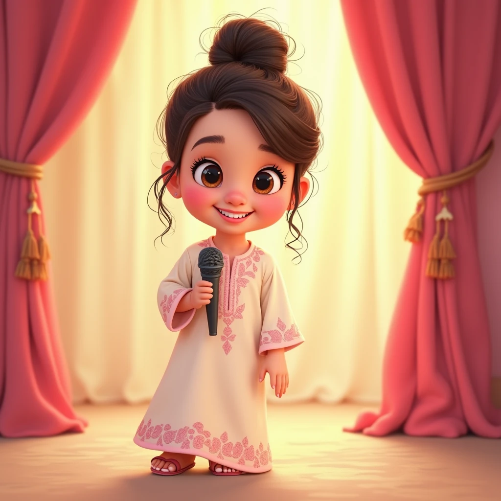 Lily, (highest quality, 4k, masterpiece:1.3), A young Pakistani Muslim girl wearing a traditional cream shalwar kameez with pink floral embroidery. Her hair is styled in a neat bun with loose strands framing her face, as seen in previous images. She leans casually against a soft curtain, holding the microphone at her side, looking relaxed and content. The image is in a 2D animation style, with bright colors, cartoonish features, and soft, smooth shading. The background shows soft curtains, warm stage lighting, and a playful, joyful atmosphere. Clear outlines, simple textures, and an illustrated, digital painting look. (Cream shalwar kameez, pink floral embroidery, consistent outfit:1.3), (same hairstyle as before:1.3), (microphone in hand:1.3), (microphone always visible:1.3)
