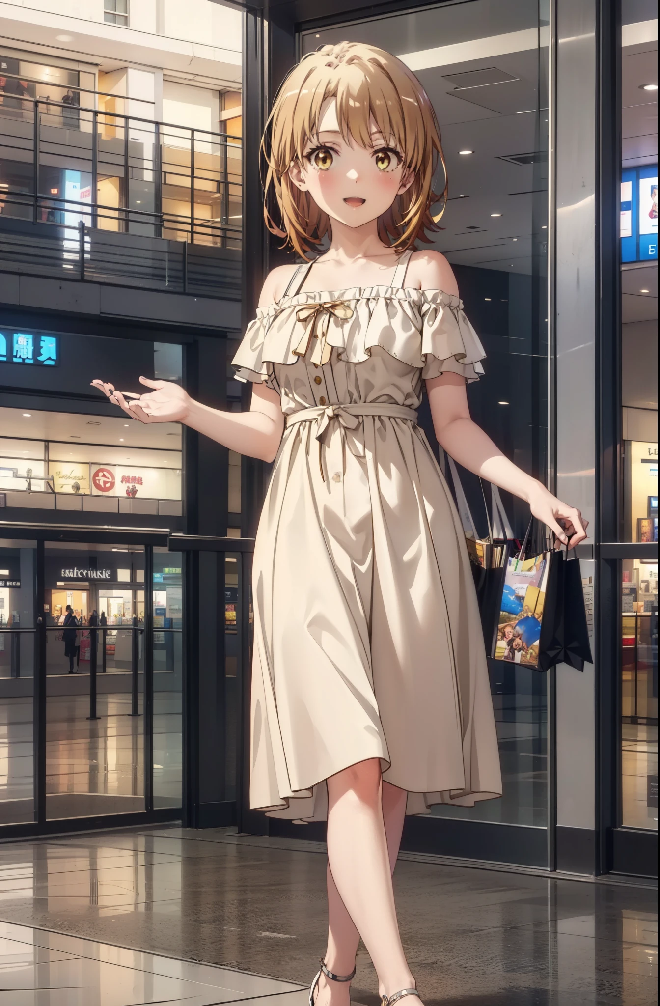 Irohaisshiki, isshiki iroha, short hair, Brown Hair, (Brown eyes:1.5), smile,Open your mouth,smile,Off-the-shoulder yellow dress,mini skirt,Cute heeled sandals,Walking,whole bodyがイラストに入るように,
break indoors,Shopping mall,
break looking at viewer,whole body,
break (masterpiece:1.2), Highest quality, High resolution, unity 8k wallpaper, (figure:0.8), (Beautiful attention to detail:1.6), Highly detailed face, Perfect lighting, Highly detailed CG, (Perfect hands, Perfect Anatomy),
