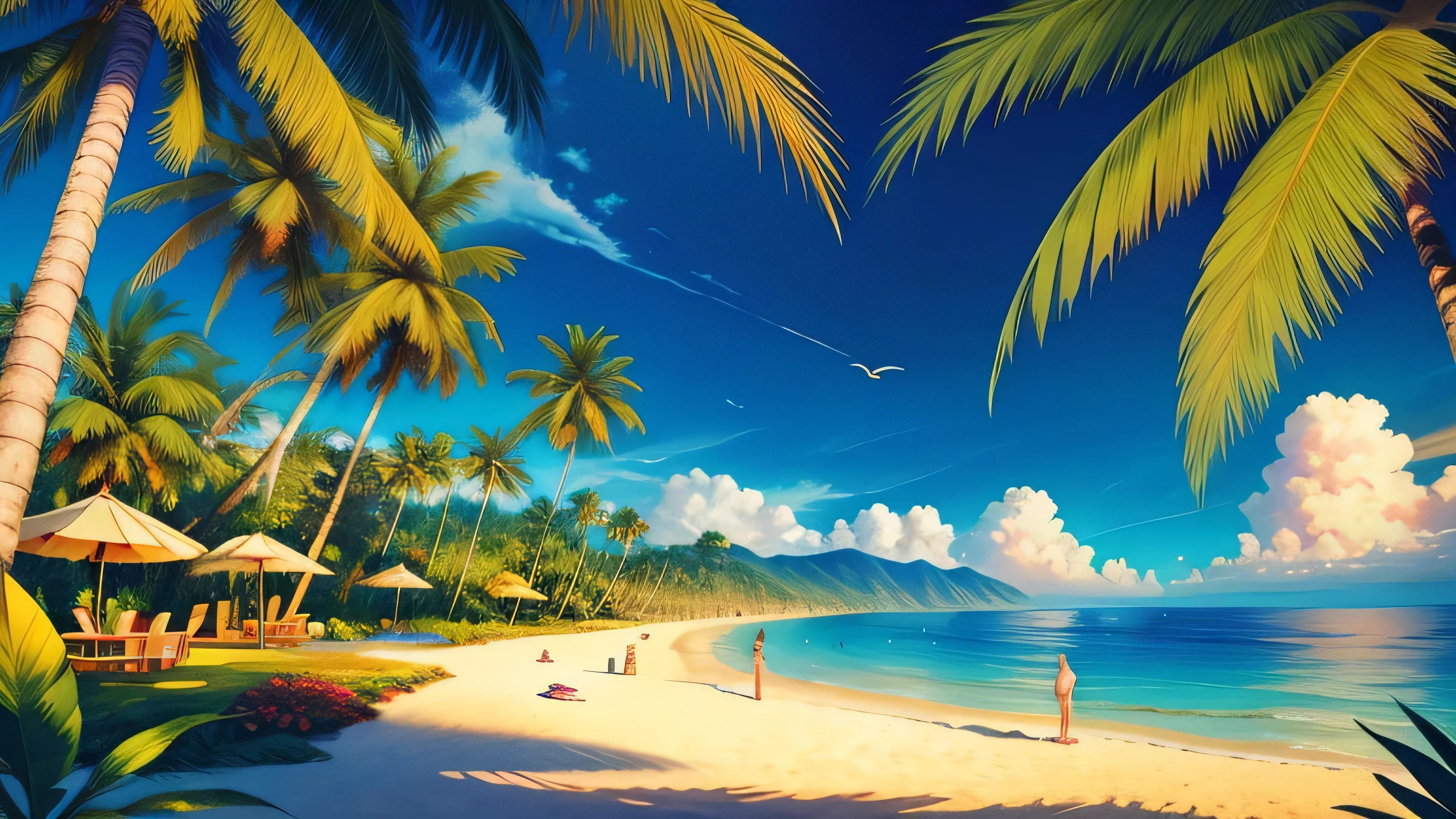 masterpiece, Highest quality, sunny beach, Vibrant tropical landscape with undulating palm trees, Realistic, photograph, sunny, Twilight, Tropical Jungle, High resolution, flower, Cinema Lighting