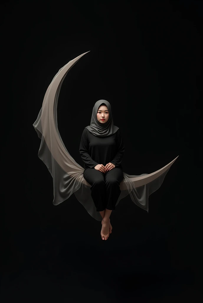 (photorealism:1.2), Asian woman with curve body, wearing hijab, black pajamas, medium, sitting on a crescent moon veil on a plain black background