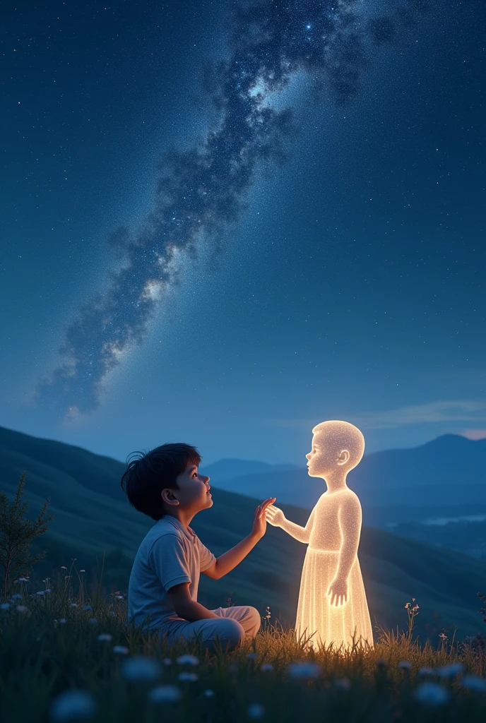 boy stargazing with his grandpa's soul beside him