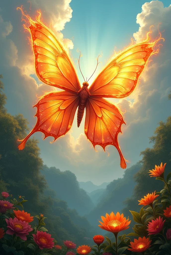 Fire butterfly 
with flying in sky and flowers and trees 
