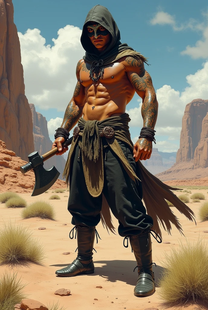 Full body profile of a muscular, tattooed American Indian man, wearing black hood and cape, detailed owl mask under the hood, , attractive face, no beard, shirtless and wearing loincloth, loose black pants, high black boots and bracelets on both wrists. He is in a fighting stance with an axe, standing in the Arizona desert. Frazetta Art style .