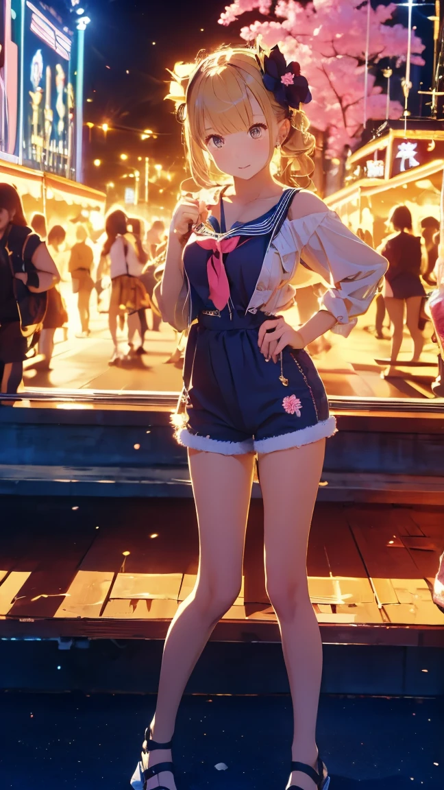 ((masterpiece)),(((Highest quality))),Comiket scenery、Big Sight、International Exhibition Hall、Thin thighs,Long legs,whole body:1.5，(:1.3),(もっと美しいsummerのラフな格好：1.3),(Wearing light casual clothes:1.2),Short Blonde:1.2、Idol Pose，summer、flowerpunk、Idol Group、Sparkle Effect、Light effect particles、Vivid gradients