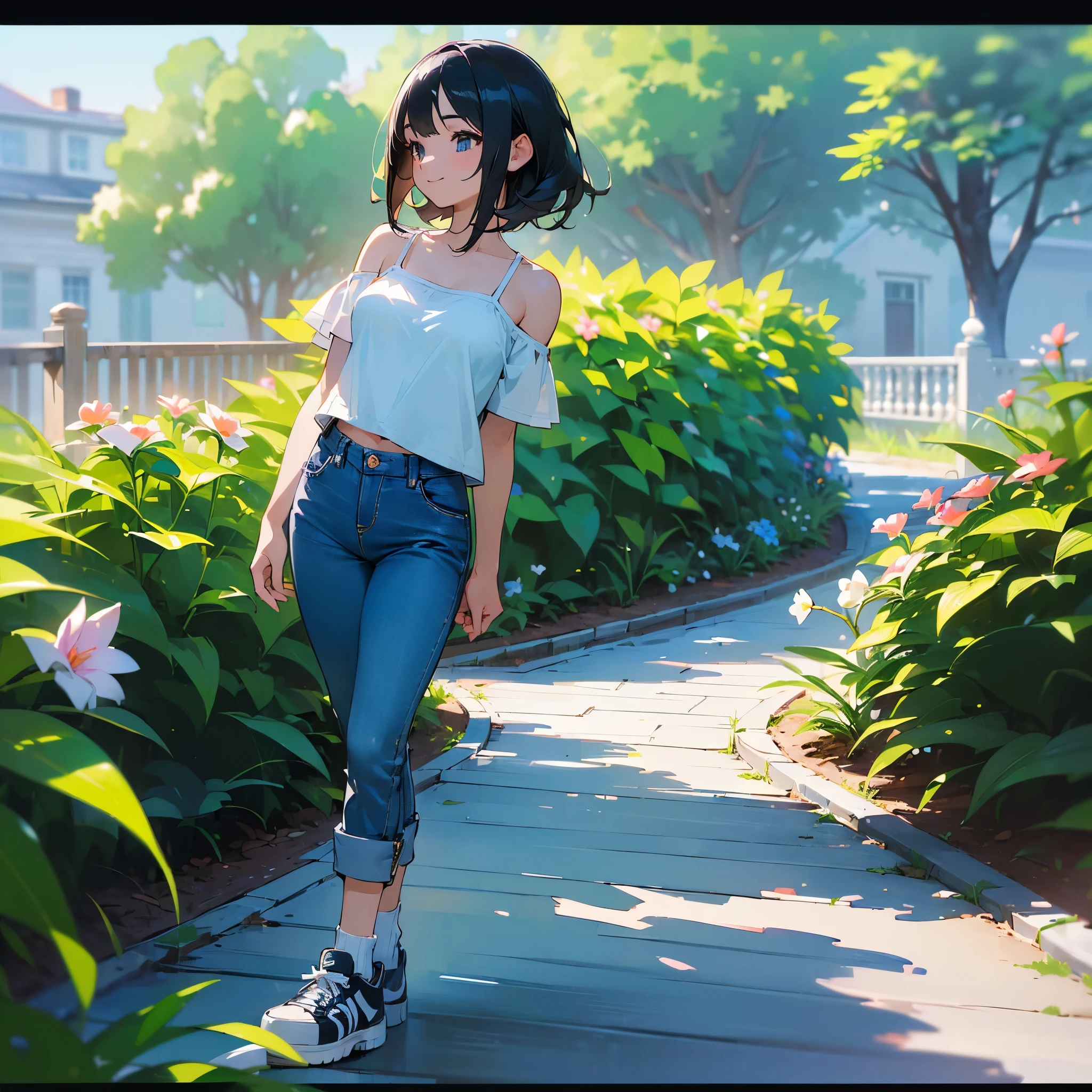 (high quality, High resolution, Very detailed, reality:1.37), Peaceful atmosphere, (Outdoor, garden), Teenage girl standing alone, (my breasts are big.), Beautiful details, Cute Smile, (Black bob hair), camisole, Denim pants, Blue socks, sneakers.