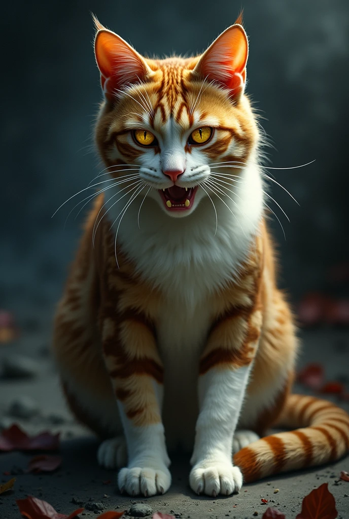 an evil cat with the colors: brown, white and pastel yellow