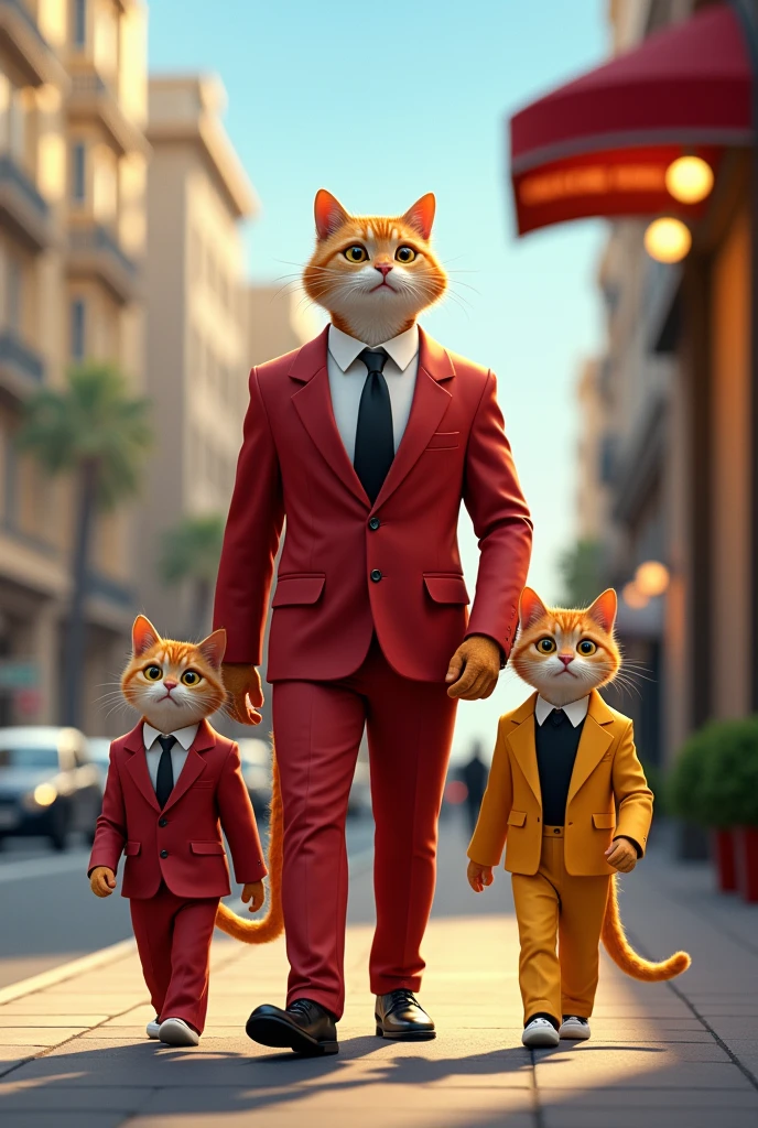 The scene is about a young cat family walking with 2 legs just like human beings, we have a Tall Male cat 6 feet wearing red suit and white shirt and black tie walking alongside his young one cat 3 feet male cat wearing also the same attire as his father. The female cat is also walking with them but on the other side of the male cat. The female cat is wearing a yellow suit and black shirt. The family is walking beside a busy road. After few minutes of walking they reach a beautiful hotel and the male cat orders delicious food after which they are served eat and bordered a car and headed home . Generate 10 photos