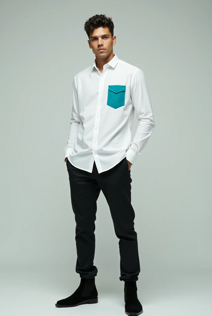 Young man wearing a white 3-quarter sleeve Columbia-style shirt with turquoise blue detail on the pocket, shirt tucked into pants, black pants , black booties