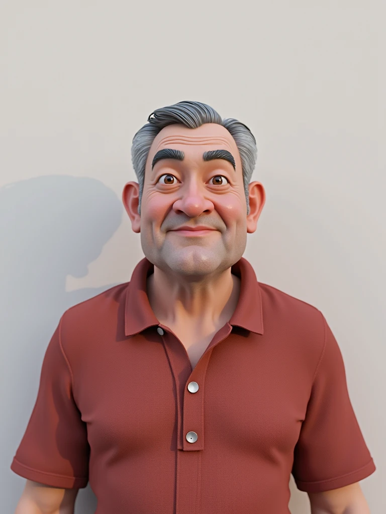 Create a 3D style character, of a 6 man, brown eyes, short gray hair, with a normal mouth, big and rounded nose,   Thick eyebrows, wearing dress clothes, standing in the background a white wall