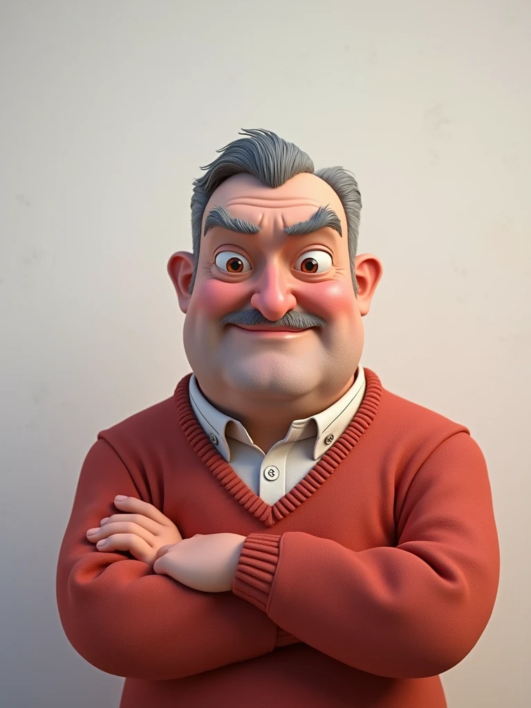 Create a 3D style character, of a 6 man, brown eyes, short gray hair, with a normal mouth, big and rounded nose,   Thick eyebrows, wearing dress clothes, standing in the background a white wall