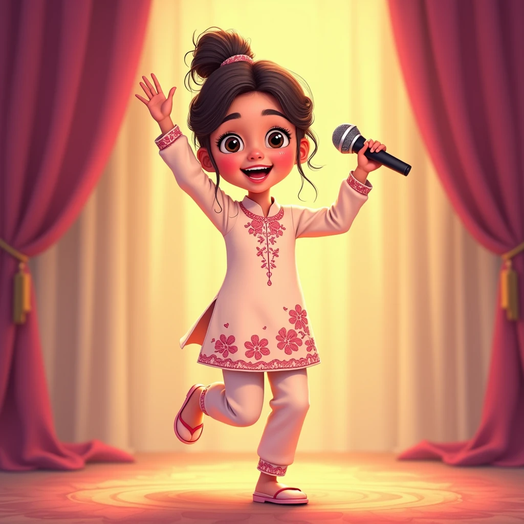 Lily, (highest quality, 4k, masterpiece:1.3), A young Pakistani Muslim girl wearing a traditional cream shalwar kameez with pink floral embroidery. Her hair is styled in a neat bun with loose strands framing her face, as seen in previous images. She is mid-hop, one hand holding the microphone, the other raised high, an excited expression on her face. The image is in a 2D animation style, with bright colors, cartoonish features, and soft, smooth shading. The background shows soft curtains, warm stage lighting, and a playful, joyful atmosphere. Clear outlines, simple textures, and an illustrated, digital painting look. (Cream shalwar kameez, pink floral embroidery, consistent outfit:1.3), (same hairstyle as before:1.3), (microphone in hand:1.3), (microphone always visible:1.3)