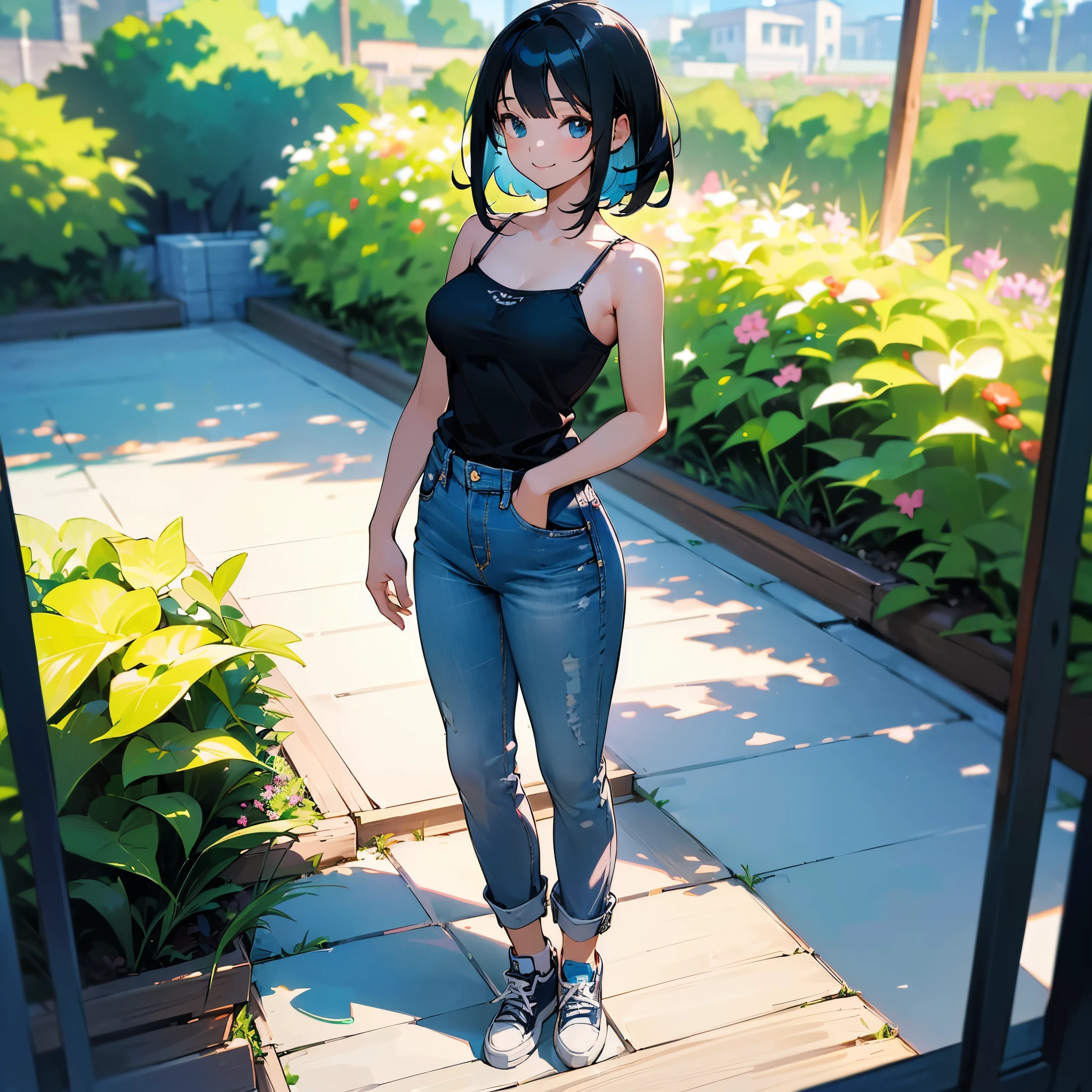 (high quality, High resolution, Very detailed, reality:1.37), Peaceful atmosphere, (Outdoor, garden), Teenage girl standing alone, (my breasts are big.), Beautiful details, Cute Smile, (Black bob hair), camisole, Denim pants, Blue socks, sneakers.