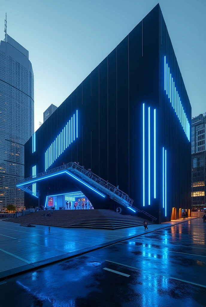Create a sports center, that it be black with blue rays