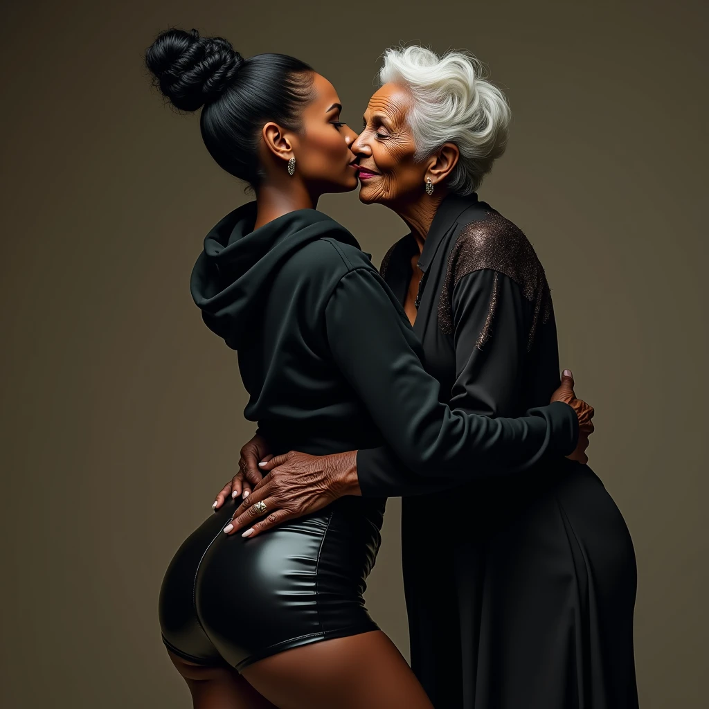 black woman hair in a bun black hoodie   black leather short shorts   a old grandma in a dress  kissing her ass behind her squeezing her butt