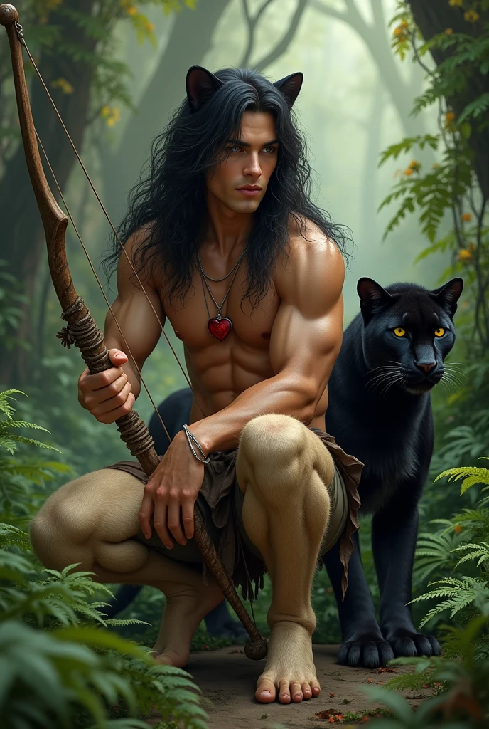 Handsome young man with tanned skin, very masculine facial features, with black hair down to the ground. He is shirtless. He has a human head., arms and torso, and legs like a faun with hooves, and completely covered with beige fur.He has a red heart pendant on his chest.. There are panther ears on the head. It is very beautiful. He squats in a thicket of ferns and shoots a bow.. Next to him is a kind black panther.