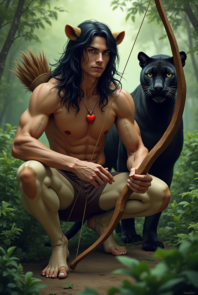 Handsome young man with tanned skin, very masculine facial features, with black hair down to the ground. He is shirtless. He has a human head., arms and torso, and legs like a faun with hooves, and completely covered with beige fur.He has a red heart pendant on his chest.. There are panther ears on the head. It is very beautiful. He squats in a thicket of ferns and shoots a bow.. Next to him is a kind black panther.