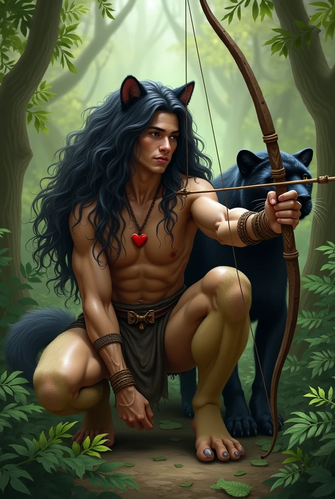 Handsome -yeld Kon guy. He has very dark skin and very long black hair. He is shirtless, In beige fur pants and hoof-shaped shoes. He has beautiful masculine features of a young man. He has a red heart pendant. He is hiding in the fern thicket and shooting from a bow.
Next to him is a kind black panther