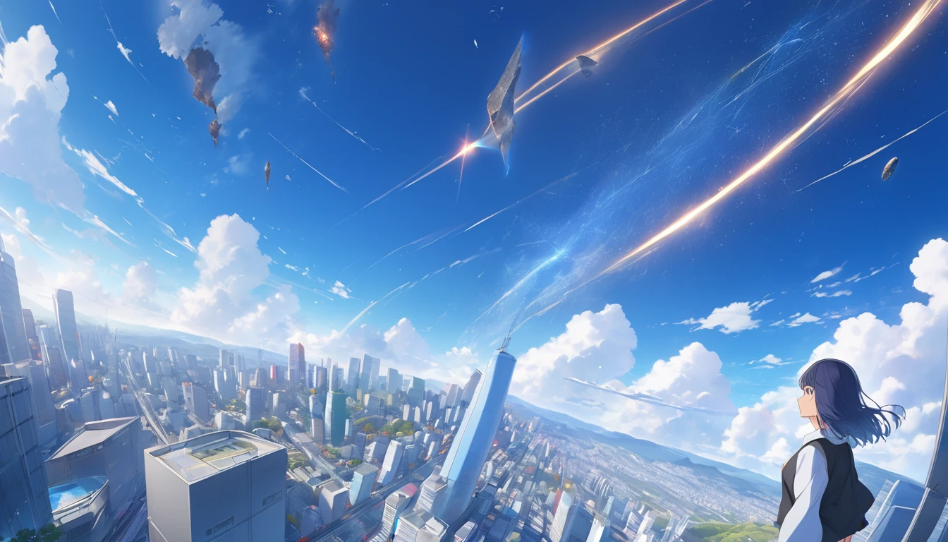 High definition、high resolution、Masterpiece、Looking up at the Tokyo sky、Person looking down々、blue sky、City、City、Buildings、Giant meteorites、meteorite falling、Makoto Shinkai style、Your name is Wind