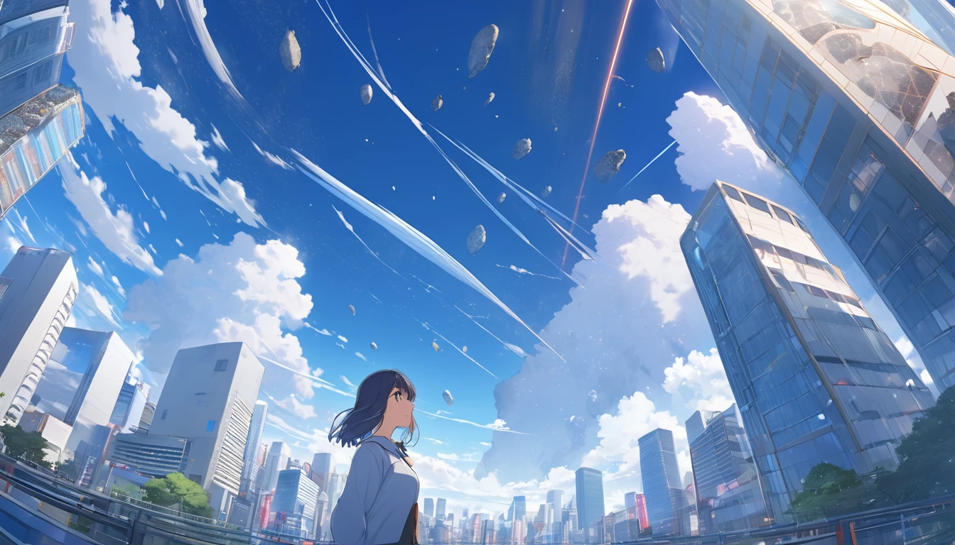 High definition、high resolution、Masterpiece、Looking up at the Tokyo sky、Person looking down々、blue sky、City、City、Buildings、Giant meteorites、meteorite falling、Makoto Shinkai style、Your name is Wind