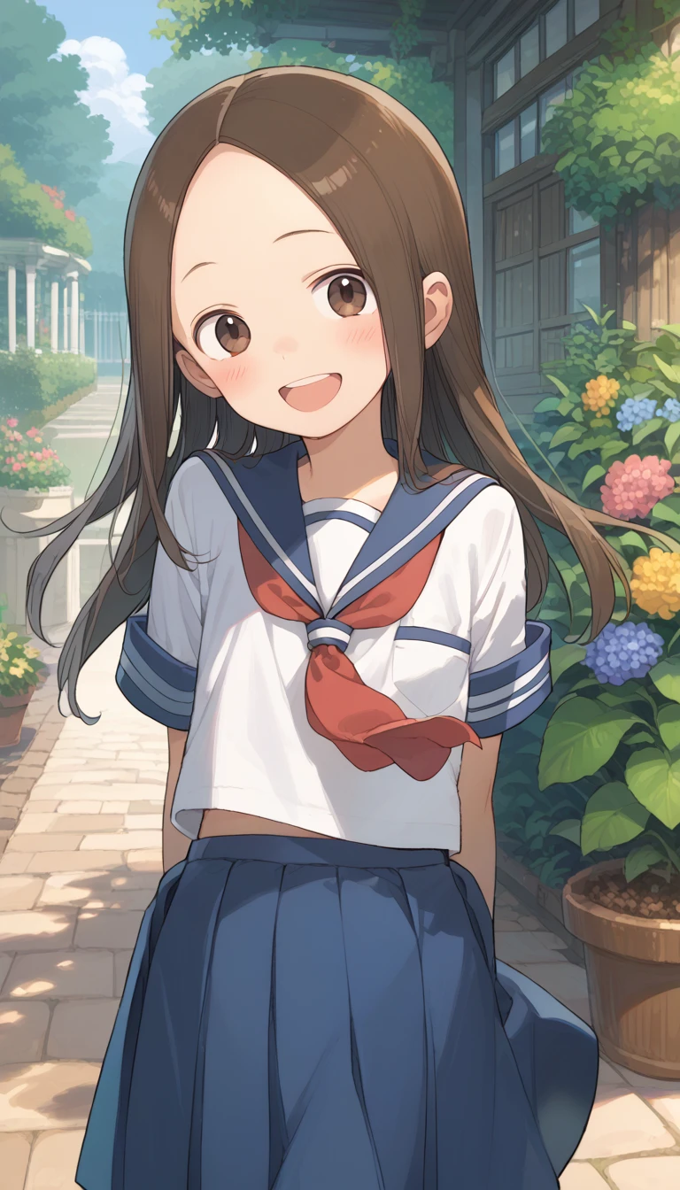 score_9, score_8_up, score_7_up, source_anime, (masterpiece), best quality, expressive eyes, perfect eyes, perfect face, 1girl, {looking at viewer}, garden, outdoors, takagi-san, takagi, brown hair, brown eyes, long hair, white serafuku, blue stripes, blue skirt, red necktie, Laugh, Dancing gracefully