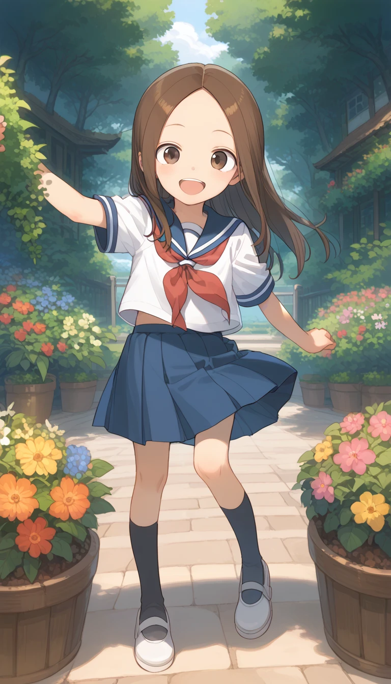 score_9, score_8_up, score_7_up, source_anime, (masterpiece), best quality, expressive eyes, perfect eyes, perfect face, 1girl, {looking at viewer}, garden, outdoors, takagi-san, takagi, brown hair, brown eyes, long hair, white serafuku, blue stripes, blue skirt, red necktie, Laugh, Dancing gracefully