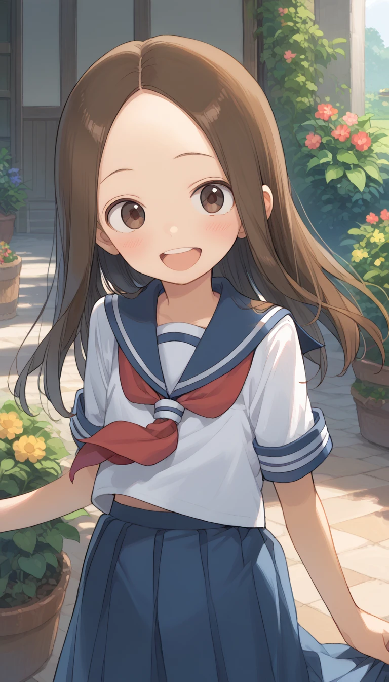 score_9, score_8_up, score_7_up, source_anime, (masterpiece), best quality, expressive eyes, perfect eyes, perfect face, 1girl, {looking at viewer}, garden, outdoors, takagi-san, takagi, brown hair, brown eyes, long hair, white serafuku, blue stripes, blue skirt, red necktie, Laugh, Dancing gracefully