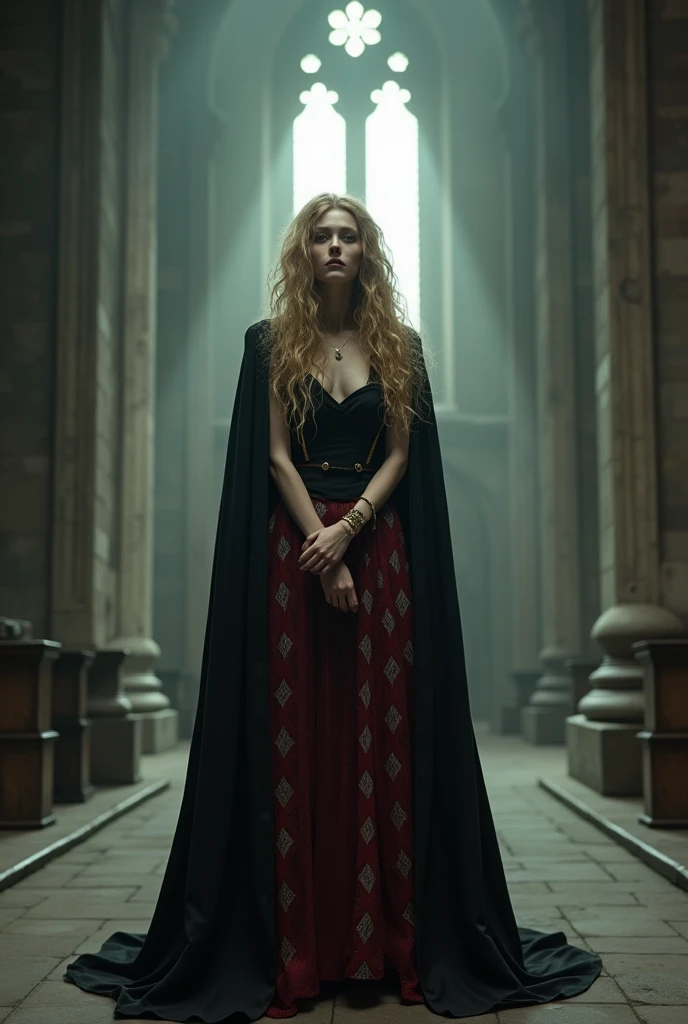 dark soul, diffuse light, old church, mature woman, Scrawny, Cao Cao, long curly blonde hair, long black cape, long skirt with red mesh, long skirt with diamond, gold bracelet, 8k, official style, European aristocracy, 