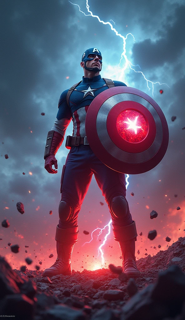 Depict Captain America in a powerful, dramatic scene where a fragment of the Reality Stone fuses with his iconic shield. The image should capture the moment of fusion with intense energy radiating from the point of contact between the stone and the shield. The Reality Stone, glowing with a vibrant and ominous red light, should be merging into the center of the shield, causing red and blue energy to swirl and intertwine around it.

Captain America stands at the center of the scene, his expression a mix of determination and awe as he grips the shield tightly. His stance is strong and grounded, as if bracing against the surge of power. The background features a stormy sky, dark clouds swirling with flashes of lightning, reflecting the turmoil of the transformation. The ground beneath him cracks and splinters, with debris being pushed outward by the force of the energy.

The shield itself should be illuminated with a glowing aura, and the red from the stone should contrast sharply with the