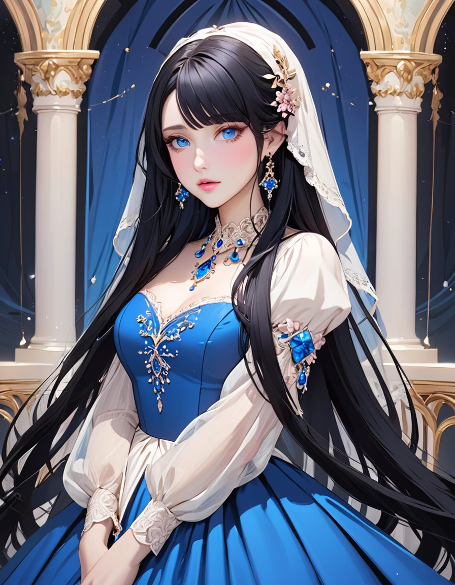 Beautiful woman with very long black hair, side-swept bangs, sparkling blue eyes, light pink lips, fair skin. Elegant but modest renaissance dress and a simple tear-drop shaped blue necklace.