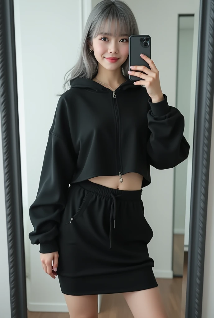 highly detailed, beautiful, hyper Realistic girl, masterpiece, best quality, Depict a mysterious and sophisticated beautiful Japanese gravure model,, 28-years-old, identity hidden, all body shot, / gray arranged hair, small head, Detailed face, cute and Pretty slim face, wide Duck mouth, perfect beautiful Tooth, arranged gray hair, shiny eyes, blue-colored eyes, Realistic skin, Detailed face, / Top: A black cropped hoodie made from soft, high-quality sweat material, cinched at the waist to reveal the navel. The hoodie is unembellished, with a high collar and zippered front, offering a clean and modern aesthetic. Bottom: A knee-length, loose fitted skirt in matching black sweat material, designed for a sleek and simple silhouette. Footwear: Sleek black ankle boots with subtle synthetic overlays and black Ankle boots, blending comfort with a touch of futurism. Accessories: A thin, simple silver necklace at the neck, complemented by delicate silver bracelets on the wrists and small silver stud earrings, all understated and refined to maintain the minimalist vibe. //// simple white single room, gray frame mirror, complicated background /// takes a selfie in her room using a smartphone in front of a mirror with one hand, standing and sexy Posing, all body shot, focus shoes, looking away from the camera,