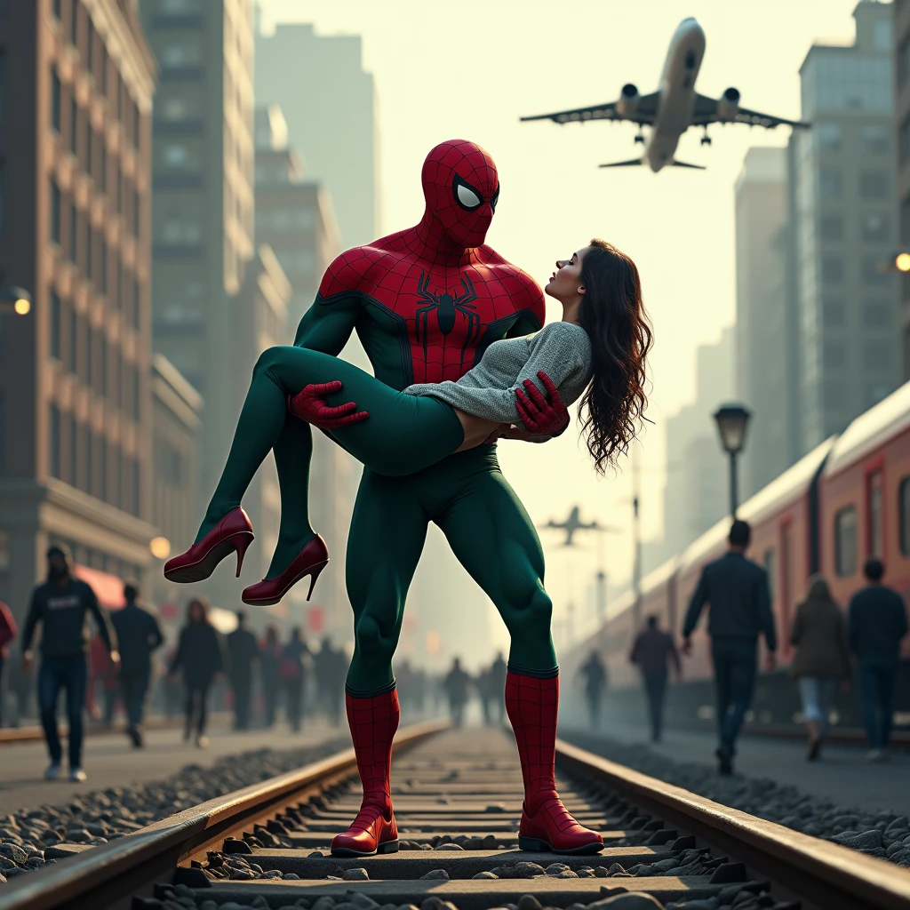 The image shows the Spiderman carrying an unconscious or injured woman while standing on train tracks in a cityscape. Behind him, there's a high-speed train and a jet flying overhead. The scene is chaotic, with people in the background running away in panic. This is another digitally manipulated or AI-generated image, blending superhero elements with a dramatic, action-packed setting. The Spiderman, with his immense strength and iconic green appearance, is depicted as a protector or savior in a dire situation.