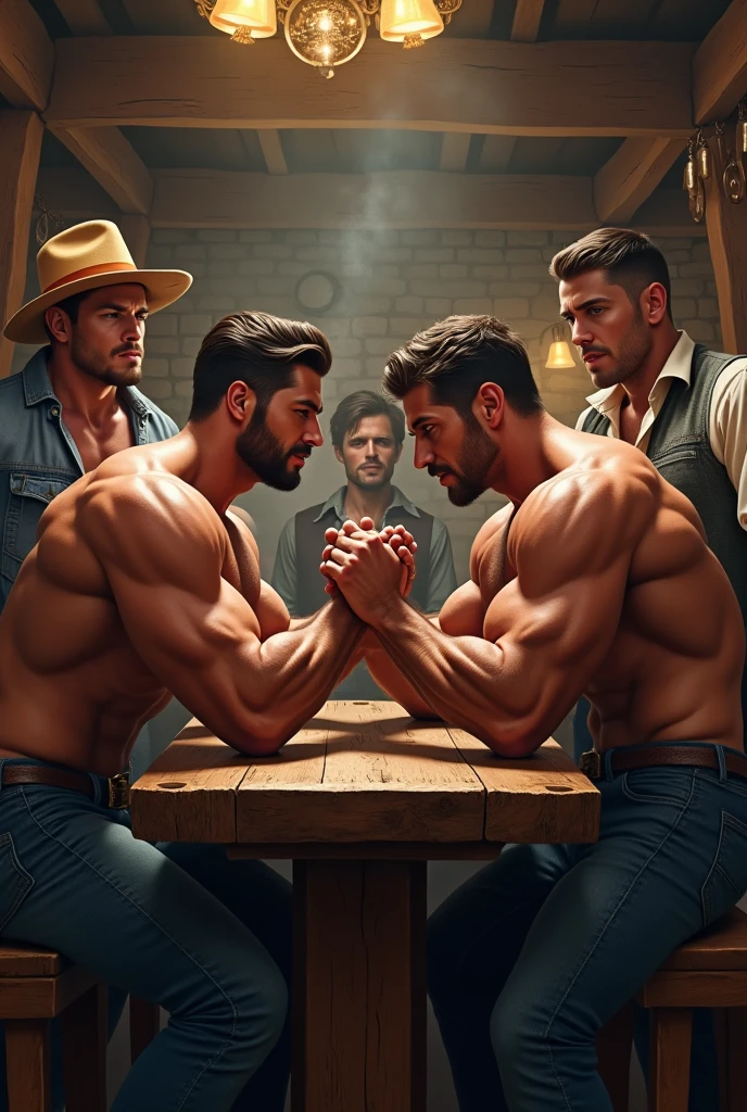 2 beautiful handsome men sitting playing arm wrestling strength games in a cowboy bar while the other 3 handsome men look at him betting on a beautiful young man who looks at him