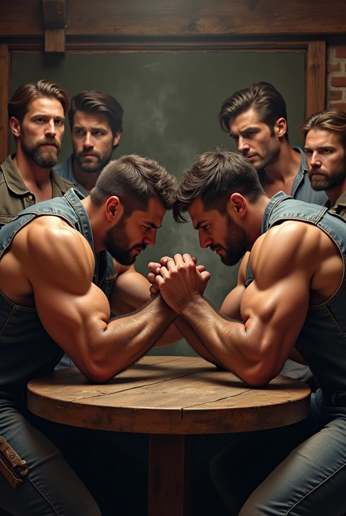 2 beautiful handsome men sitting playing arm wrestling strength games in a cowboy bar while the other 3 handsome men look at him betting on a beautiful young man who looks at him