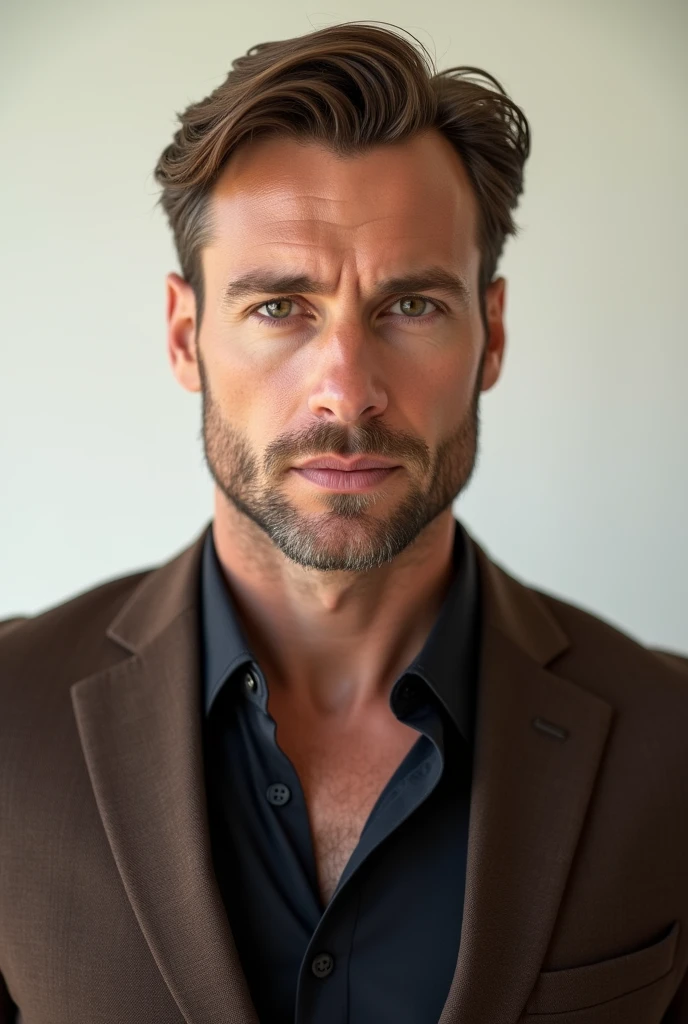 a male character, offwhite, short brown hair with a traditional cut, Brown suit, dark brown eyes, beard like glasses, broadshouldered, not very muscular, chic, at the height of 24 years, realisitic, American