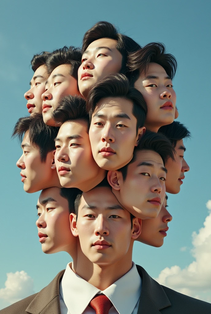 Expressionist artwork images of multiple floating heads of korean men, 3d collage style, make it weird and gallery worthy