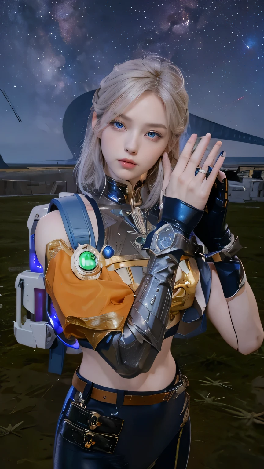 A beautiful woman. 20s. Blonde hair and blue eyes. Short hair. She is looking at the camera with a defiant expression. She wears a silver metallic battle uniform. There is something on his waist that is reminiscent of Kamen Rider's transformation belt. In her background is an image of outer space and a giant space battleship. A masterpiece.