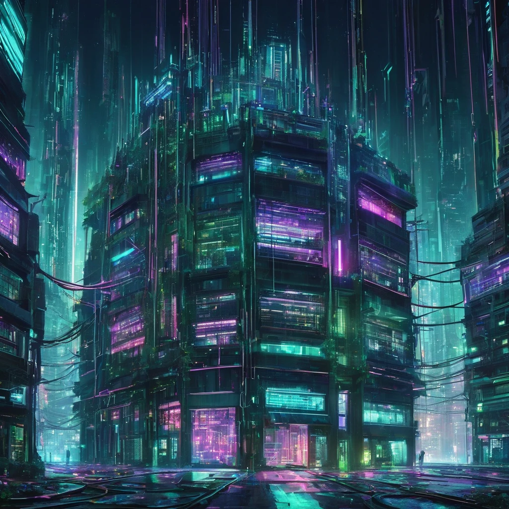 cyber punk cyber punkアート A large building in the center A building filled with secret machinery Building with tangled wires Futuristic buildings The building is dimly lit Light leaks from the multiple windows The windows are randomly placed Below the building are rows of abandoned buildings. Multiple utility poles Tangled wires Beautiful picture Exquisite illustrations wonderful